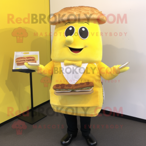 Lemon Yellow Pulled Pork Sandwich mascot costume character dressed with a Waistcoat and Clutch bags