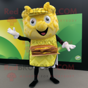 Lemon Yellow Pulled Pork Sandwich mascot costume character dressed with a Waistcoat and Clutch bags