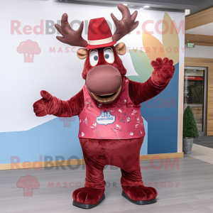 Maroon Elk mascot costume character dressed with a Flare Jeans and Berets