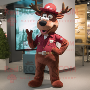 Maroon Elk mascot costume character dressed with a Flare Jeans and Berets