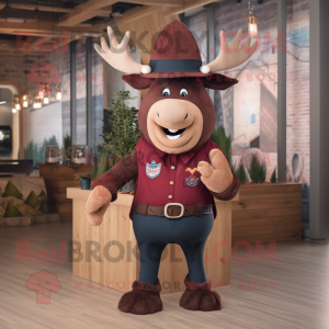 Maroon Elk mascot costume character dressed with a Flare Jeans and Berets