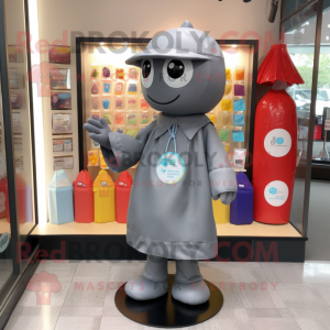 Gray Gumball Machine mascot costume character dressed with a Raincoat and Tote bags