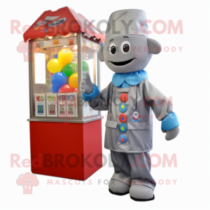 Gray Gumball Machine mascot costume character dressed with a Raincoat and Tote bags