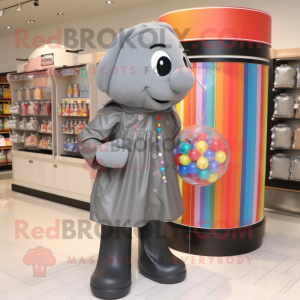 Gray Gumball Machine mascot costume character dressed with a Raincoat and Tote bags