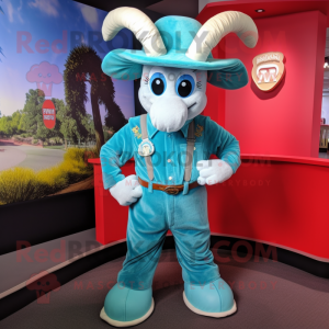 Sky Blue Ram mascot costume character dressed with a Romper and Hat pins