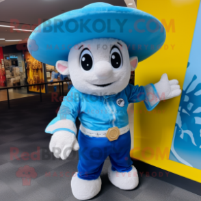 Sky Blue Ram mascot costume character dressed with a Romper and Hat pins