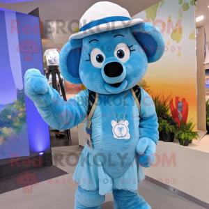 Sky Blue Ram mascot costume character dressed with a Romper and Hat pins