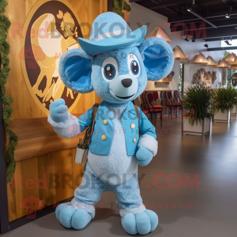 Sky Blue Ram mascot costume character dressed with a Romper and Hat pins