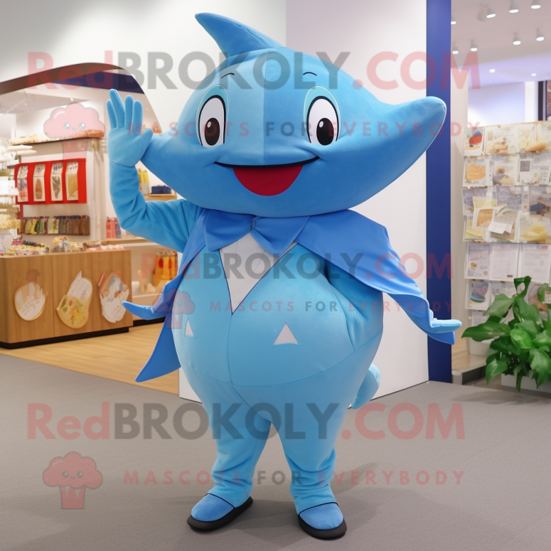 Sky Blue Stingray mascot costume character dressed with a Trousers and Caps