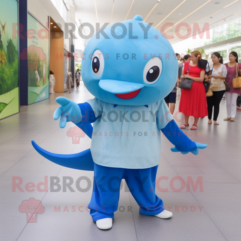 Sky Blue Stingray mascot costume character dressed with a Trousers and Caps