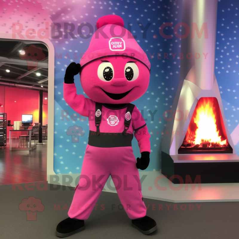 Pink Fire Fighter mascot costume character dressed with a Yoga Pants and Necklaces