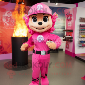 Pink Fire Fighter mascot costume character dressed with a Yoga Pants and Necklaces