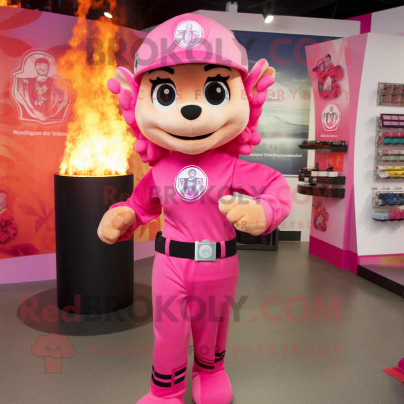 Pink Fire Fighter mascot costume character dressed with a Yoga Pants and Necklaces Pink Fire Fighter mascot costume character dressed with a Yoga Pants and Necklaces