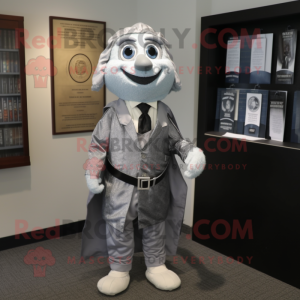 Silver Attorney mascot costume character dressed with a Cover-up and Suspenders