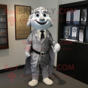 Silver Attorney mascot costume character dressed with a Cover-up and Suspenders