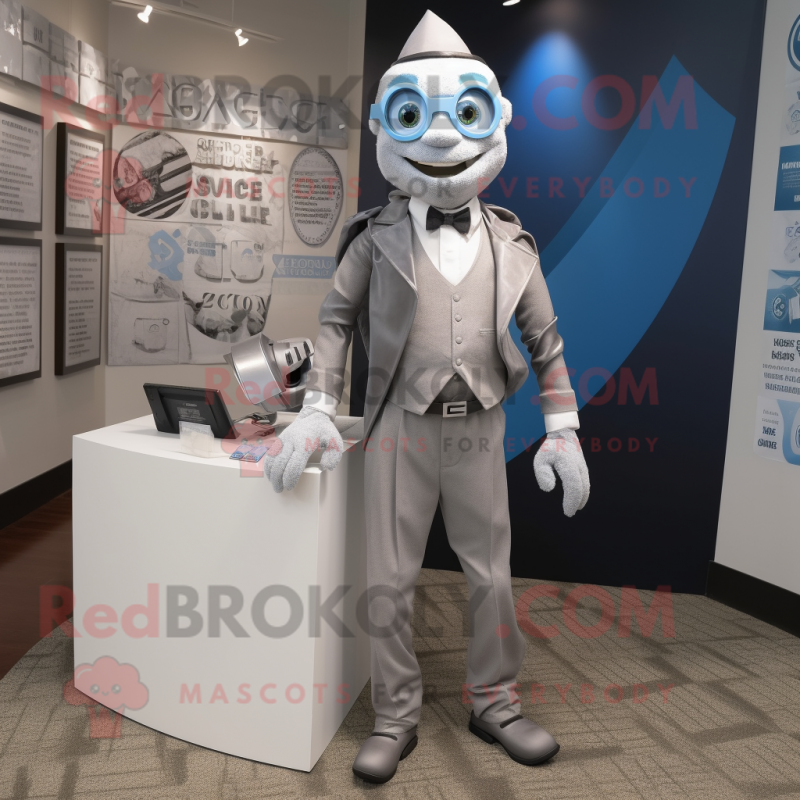 Silver Attorney mascot costume character dressed with a Cover-up and Suspenders Silver Attorney mascot costume character dressed with a Cover-up and Suspenders