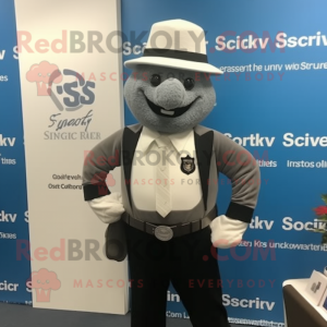 Silver Attorney mascot costume character dressed with a Cover-up and Suspenders