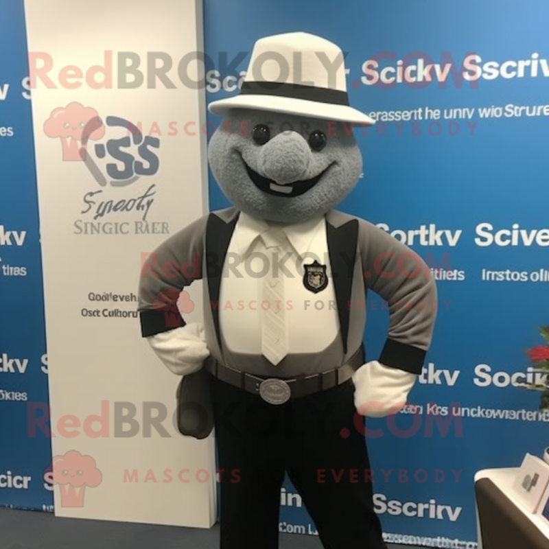 Silver Attorney mascot costume character dressed with a Cover-up and Suspenders Silver Attorney mascot costume character dressed with a Cover-up and Suspenders