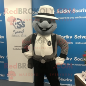 Silver Attorney mascot costume character dressed with a Cover-up and Suspenders