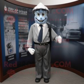 Silver Attorney mascot costume character dressed with a Cover-up and Suspenders