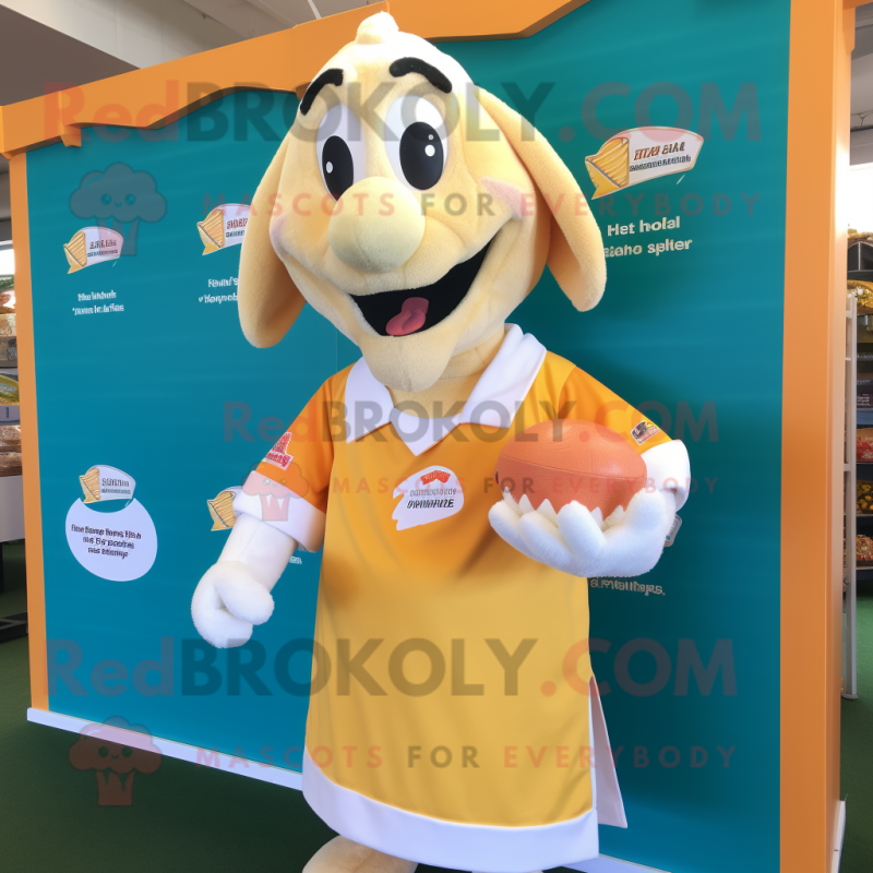 Cream Butter Chicken mascot costume character dressed with a Rugby Shirt and Headbands