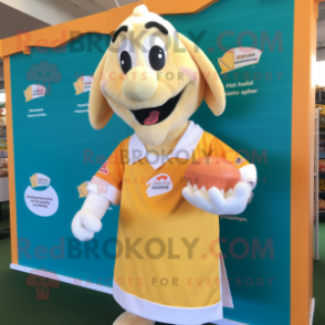 Cream Butter Chicken mascot costume character dressed with a Rugby Shirt and Headbands