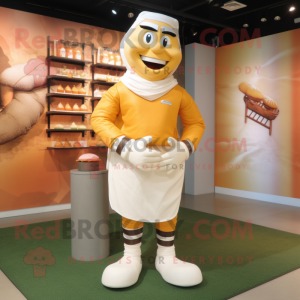 Cream Butter Chicken mascot costume character dressed with a Rugby Shirt and Headbands