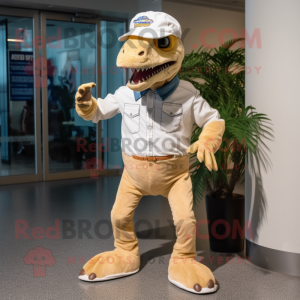 Beige Allosaurus mascot costume character dressed with a Bootcut Jeans and Eyeglasses