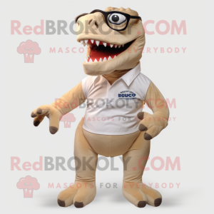 Beige Allosaurus mascot costume character dressed with a Bootcut Jeans and Eyeglasses
