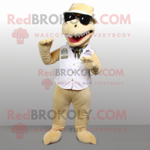 Beige Allosaurus mascot costume character dressed with a Bootcut Jeans and Eyeglasses