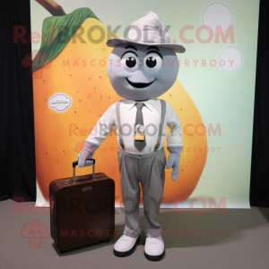 Silver Mango mascot costume character dressed with a Henley Tee and Briefcases