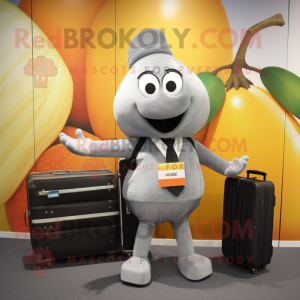 Silver Mango mascot costume character dressed with a Henley Tee and Briefcases