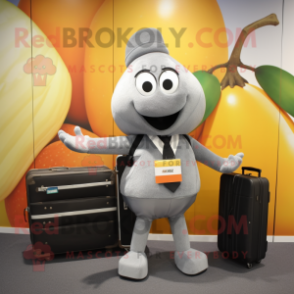 Silver Mango mascot costume character dressed with a Henley Tee and Briefcases