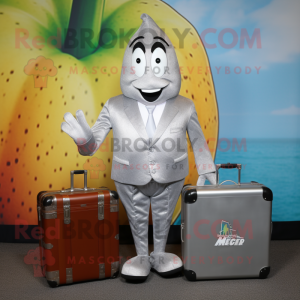 Silver Mango mascot costume character dressed with a Henley Tee and Briefcases