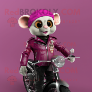 Magenta Dormouse mascot costume character dressed with a Biker Jacket and Brooches