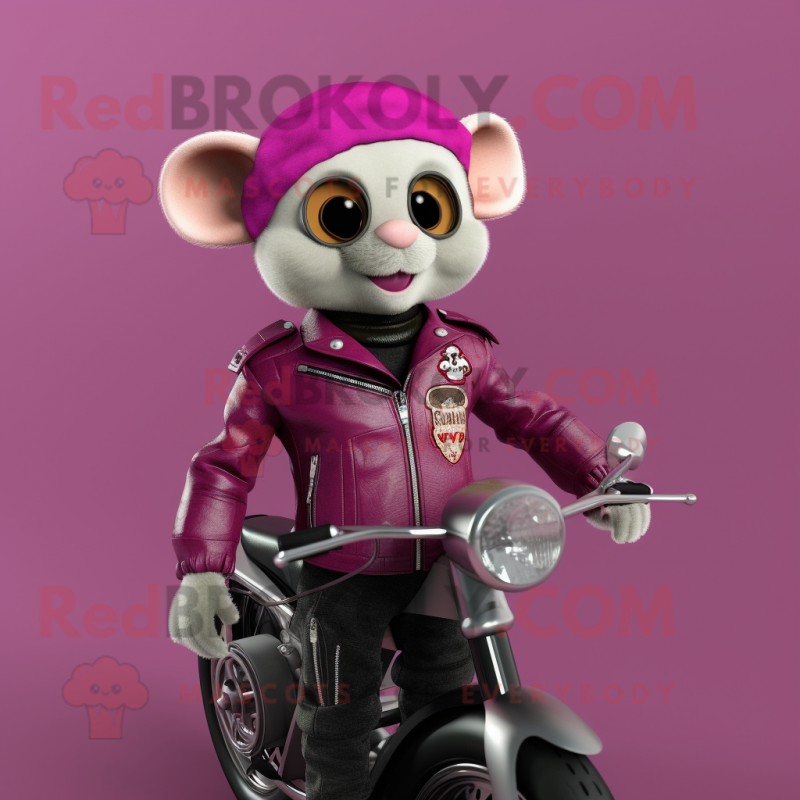 Magenta Dormouse mascot costume character dressed with a Biker Jacket and Brooches Magenta Dormouse mascot costume character dressed with a Biker Jacket and Brooches
