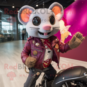 Magenta Dormouse mascot costume character dressed with a Biker Jacket and Brooches