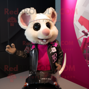 Magenta Dormouse mascot costume character dressed with a Biker Jacket and Brooches