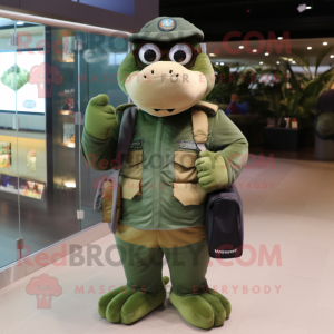 Green Navy Seal mascot costume character dressed with a Waistcoat and Handbags