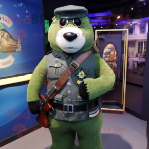 Green Navy Seal mascot costume character dressed with a Waistcoat and Handbags