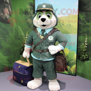 Green Navy Seal mascot costume character dressed with a Waistcoat and Handbags