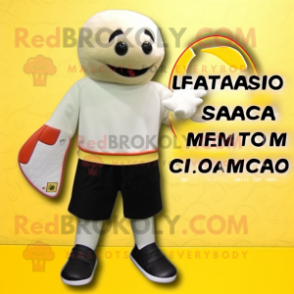 Cream Mango mascot costume character dressed with a Board Shorts and Gloves