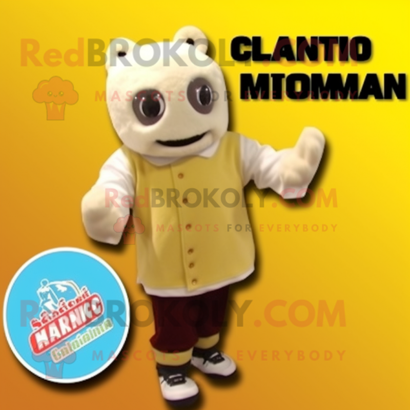 Cream Mango mascot costume character dressed with a Board Shorts and Gloves Cream Mango mascot costume character dressed with a Board Shorts and Gloves