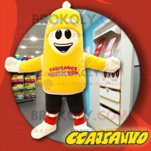 Cream Mango mascot costume character dressed with a Board Shorts and Gloves