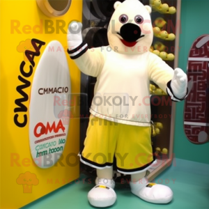 Cream Mango mascot costume character dressed with a Board Shorts and Gloves