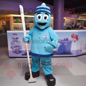 Cyan Ice Hockey Stick mascot costume character dressed with a Cover-up and Berets