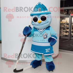 Cyan Ice Hockey Stick mascot costume character dressed with a Cover-up and Berets