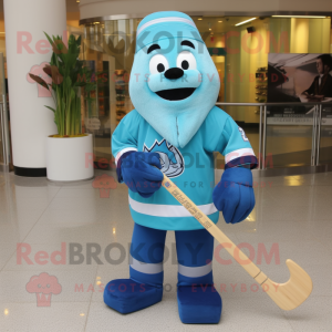 Cyan Ice Hockey Stick mascot costume character dressed with a Cover-up and Berets