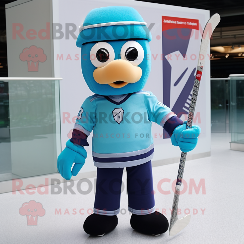 Cyan Ice Hockey Stick mascot costume character dressed with a Cover-up and Berets Cyan Ice Hockey Stick mascot costume character dressed with a Cover-up and Berets