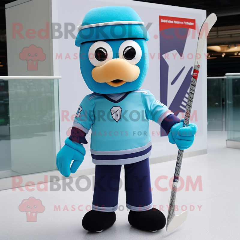 Cyan Ice Hockey Stick mascot costume character dressed with a Cover-up and Berets